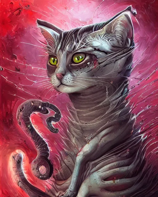 Prompt: a cute bloody kitty cat, by antonio j. manzanedo, giger, alex grey, android jones, wayne barlowe, philippe druillet, raymond swanland, cyril rolando, josephine wall, harumi hironaka, trending on artstation