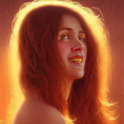 Image similar to Facial portrait of a cute shy woman, looking away from the camera, seductive smile, sparkle in eyes, lips slightly parted, long flowing hair, no hands visible, intricate, extremely detailed painting by Henry Justice Ford and by Greg Rutkowski and by Moebius, golden hour