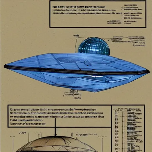 Image similar to technical drawing explaining the concept of ufo space ship, blueprint, detailed map, scientific, x - rays, infographic