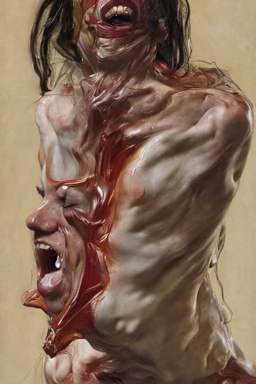 Image similar to a woman enraged, part by Jenny Saville, part by Francis Bacon