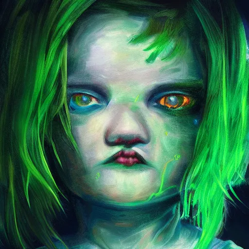 Image similar to glitchy child with green hair, lost soul, reflection, pov, ultra hd, artstation, high detail, digital art, oil on canvas