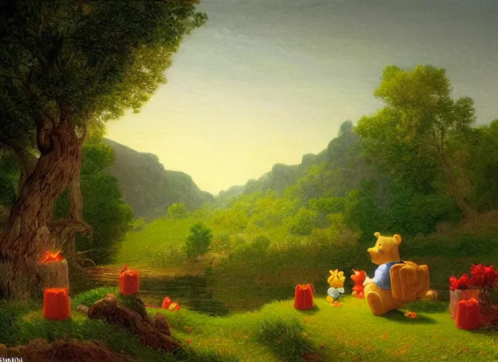 Image similar to american realist romanticism landscape painting of winnie the pooh characters at night, night time, colorful paper lanterns, in the style of hudson river school and thomas cole and albert bierstadt and robert duncanson and vincent van gogh