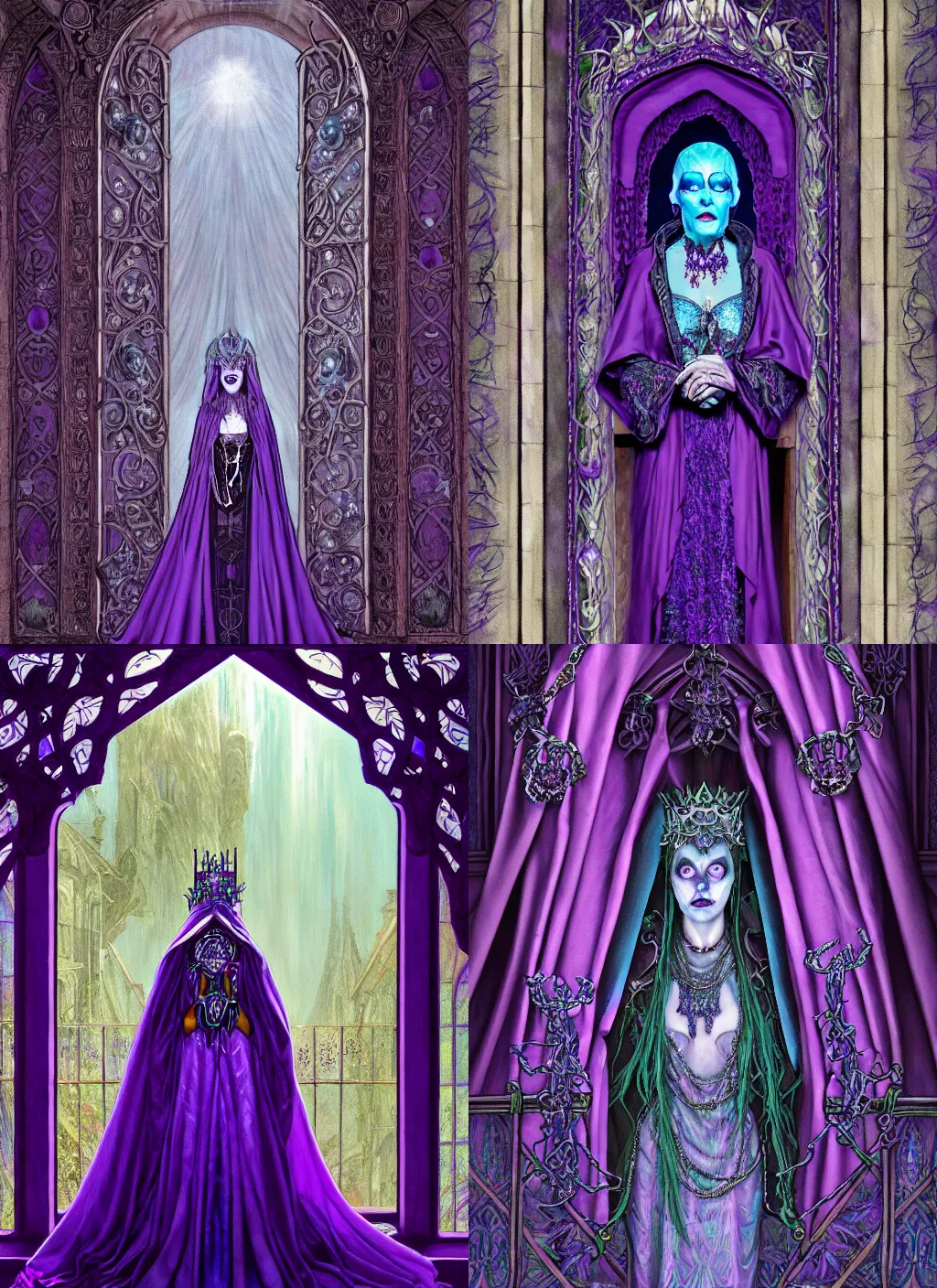 Prompt: a painting of an unsettling lich queen, garbed in a purple gown, silver jewelry on her neck and forehead, on the balcony of her misty castle, by dan mumford and jim fitzpatrick, louis tiffany comfort, octane render, vfx, dramatic lighting