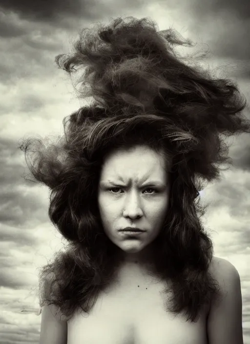 Image similar to a dramatic photo of a woman with hair made of clouds. moody and melanchonic