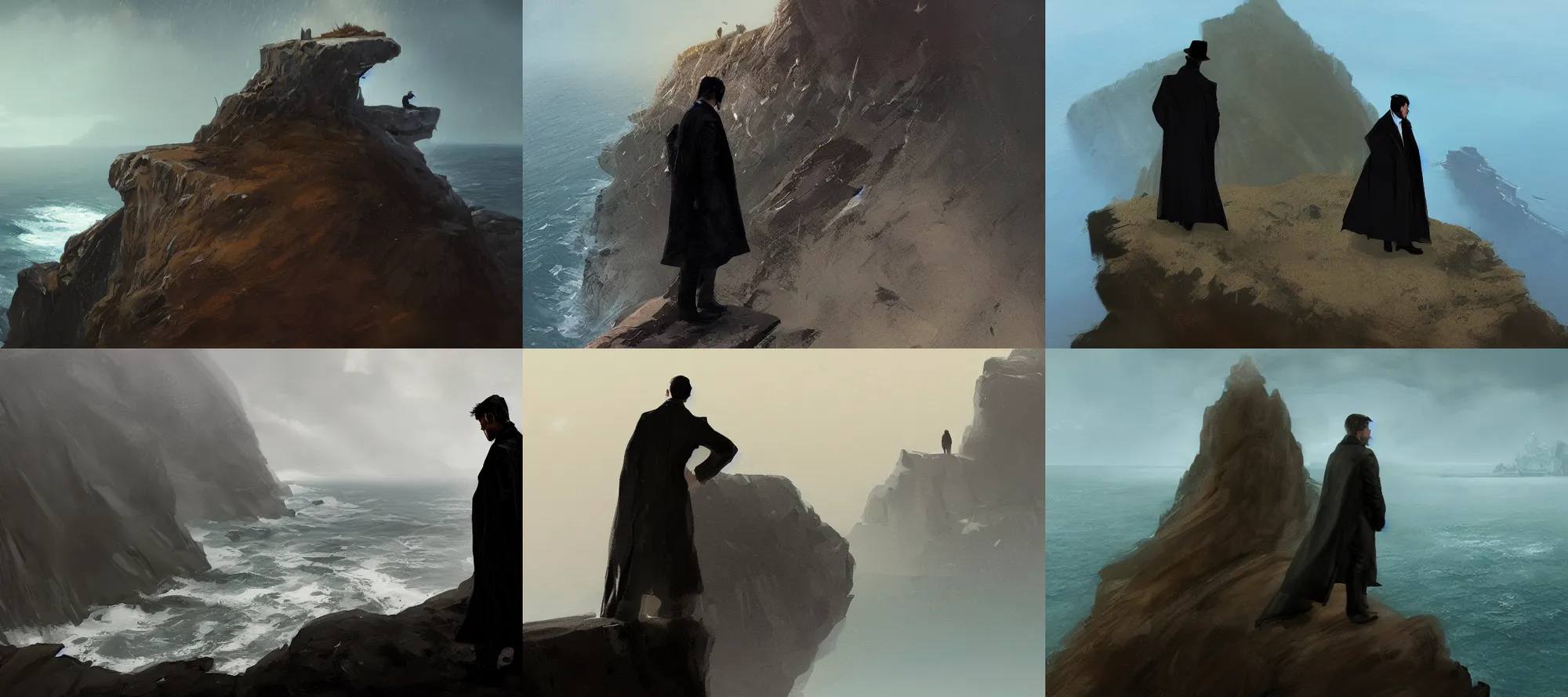 Prompt: side view of a man wearing a long black coat standing on the edge of a cliff looking out to the sea, leaves in the wind, rain, dusk, artstation, concept art, art by Craig Mullins and Gret Rutkowski