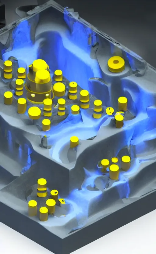 Image similar to liquid nitrogen with yellow water-cooling coolant flowing through latent representations of dark ice caverns undergoing centrifugal forces, illuminated by computer circuitry sticking out the walls, high detail, high contrast, low-poly elements, 90s low poly render, 4k upscaling