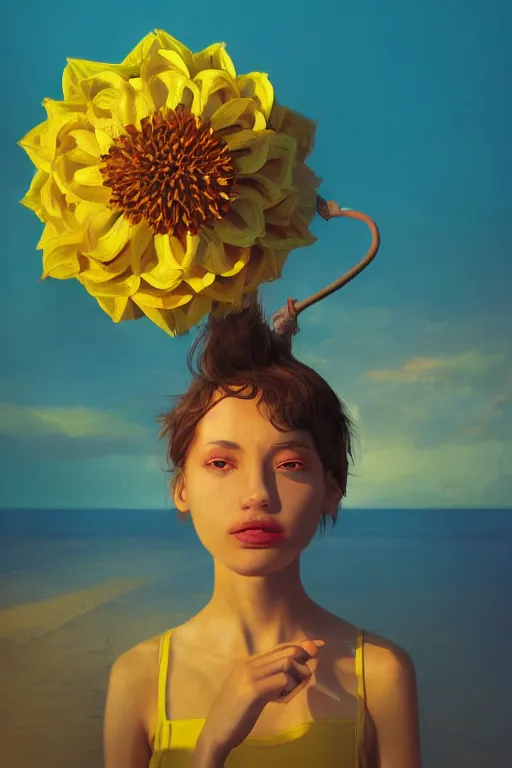 Image similar to closeup girl with huge yellow dahlia flower on face, on beach, surreal photography, blue sky, sunrise, dramatic light, impressionist painting, digital painting, artstation, simon stalenhag