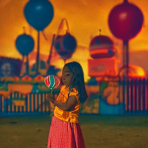 Prompt: a girl holding a balloon at a fairground. buildings with graffiti in the background. silhouette. night. photograph in the style of simon stalenhag