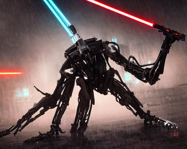 Image similar to photo of the iconic scene where general grievous with 4 arms holding 4 activated lightsabers in the rain. cyberpunk horror style. highly detailed 8 k. intricate. nikon d 8 5 0 5 5 mm. award winning photography.