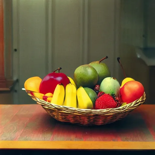 Prompt: a fruit basket on top of a kitchen table, Kodachrome