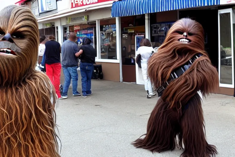 Image similar to chewbacca wearing a weave in front of a pawn shop