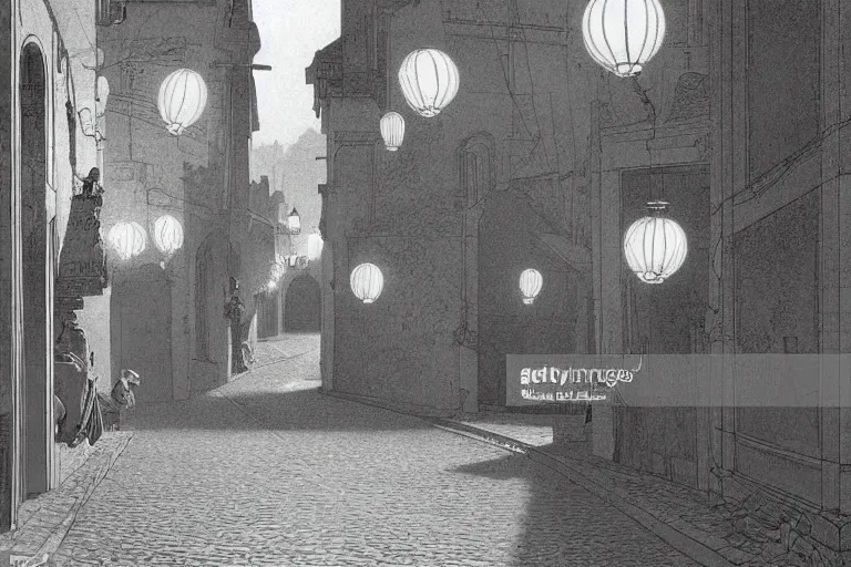 Image similar to winding street at midnight in a very old very beautiful city by George Price Boyce and Maxfield Parrish, glowing paper lanterns, strong dramatic cinematic lighting , ornate tiled architecture, lost civilizations, smooth, sharp focus, extremely detailed