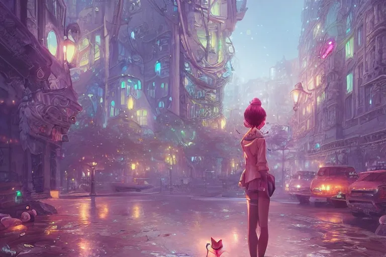 Image similar to a beautiful illustration of cute little creature in the middle of the city, fantasy, epic lighting, cinematic composition, hyper realistic, 8 k resolution, unreal engine 5, by artgerm, tooth wu, dan mumford, beeple, wlop, rossdraws, james jean, marc simonetti, artstation