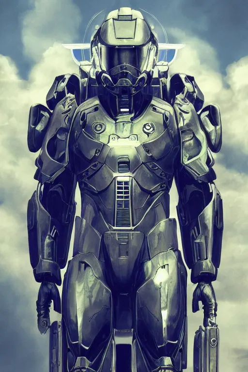 Image similar to portrait of master chief as a one winged angel with a halo behind her, catholic religious art, ornate, fractal cloud, sacred, opposite cyberpunk, nebula, halo, strong, seductive, imposing, biomechanical, biblical, by moebius and greg rutkowski and artgerm, octane render, trending on artstation