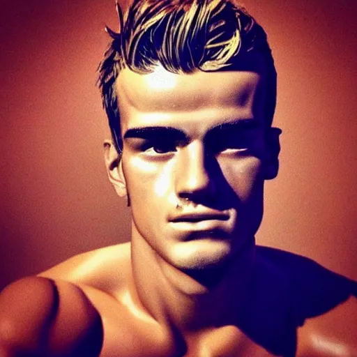 Image similar to “ a realistic detailed photo of a guy who is an attractive humanoid who is half robot and half humanoid, who is a male android, soccer player antoine griezmann, shiny skin, posing like a statue, blank stare, on the bed, on display ”