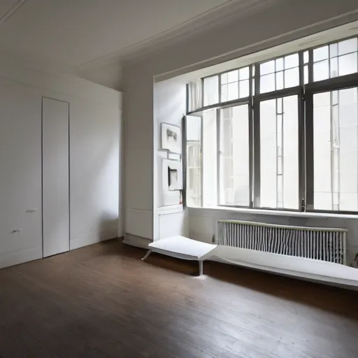 Image similar to hd photo of a vast room in a flat, designed by henri matisse, daylight, whitespace, excellent lighting, high detail 8 km photorealism