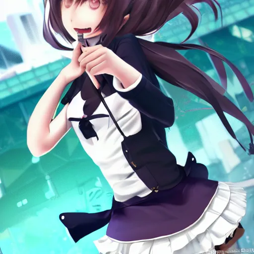 Image similar to luxury advertisement, astonishing portrait of a very beautiful anime schoolgirl with black bob hair in style of cytus and deemo, full perfect face, she is dancing, set in Half-life. Realistic, highly detailed background, artstation, 120 degree view, drawn by Sasoura, Satchely and Akihiko Yoshida, no distortion