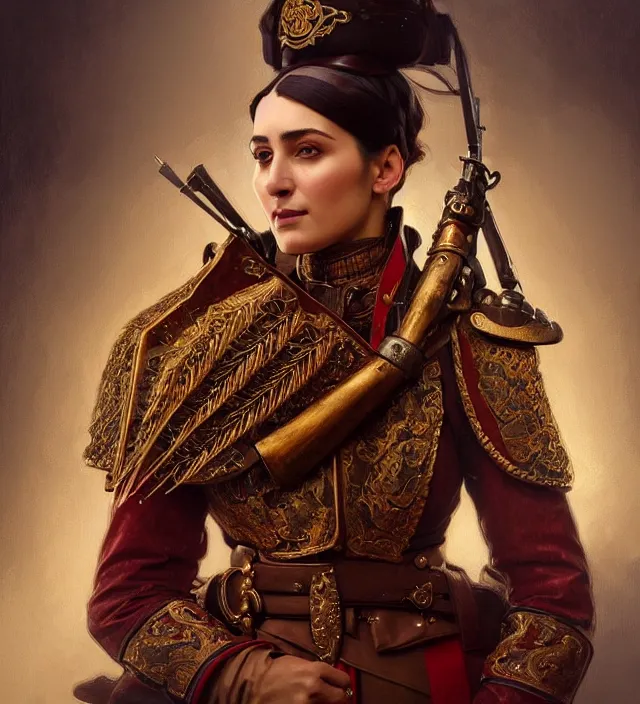 Prompt: portrait of a turkish woman wearing a traditional nineteenth century ottoman empire military jacket, metal shoulder pauldrons, intricate, highly detailed, digital painting, artstation, concept art, sharp focus, cinematic lighting, illustration, art by artgerm and greg rutkowski, alphonse mucha, cgsociety