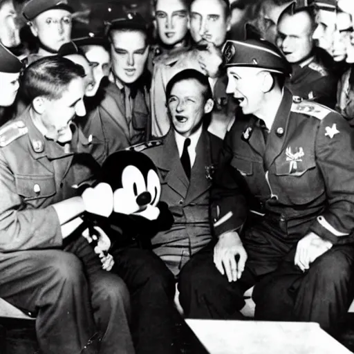 Image similar to Mickey Mouse WW2 photograph in a military meeting, Germans, dictator