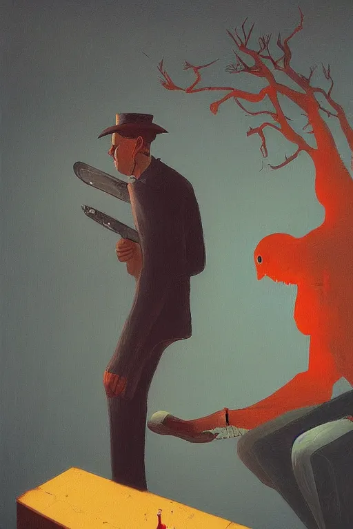Image similar to chainsaw man and pinaple over his head Edward Hopper and James Gilleard, Zdzislaw Beksisnski, higly detailed