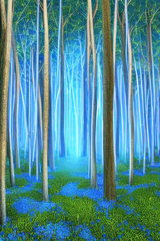 Prompt: digital render of a forest of blue trees that glow softly from the inside at night HD 3d vr artstation
