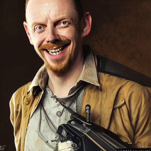 Image similar to portrait painting of simon pegg smiling like a winner with a winchester, ultra realistic, concept art, intricate details, eerie, highly detailed, photorealistic, octane render, 8 k, unreal engine. art by artgerm and greg rutkowski and alphonse mucha