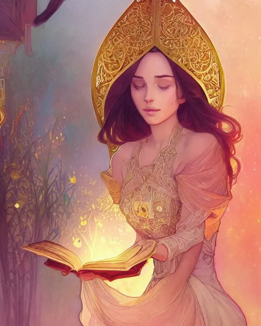 Prompt: an open quran highly detailed, gold filigree, romantic storybook fantasy, soft cinematic lighting, award, disney concept art watercolor illustration by mandy jurgens and alphonse mucha and alena aenami, pastel color palette, featured on artstation