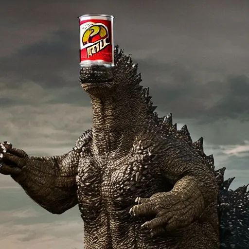 Prompt: godzilla with his hand stuck in a can of pringles