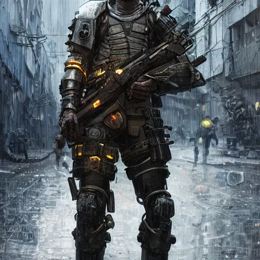 Image similar to a cyberpunk soldier in heavy armor on a crowded street in the rain, au naturel, hyper detailed, digital art, trending in artstation, cinematic lighting, studio quality, smooth render, unreal engine 5 rendered, octane rendered, art style by klimt and nixeu and ian sprigger and wlop and krenz cushart intricate artwork by Tooth Wu and wlop and beeple. octane render, trending on artstation, greg rutkowski very coherent symmetrical artwork. cinematic, hyper realism, high detail, octane render