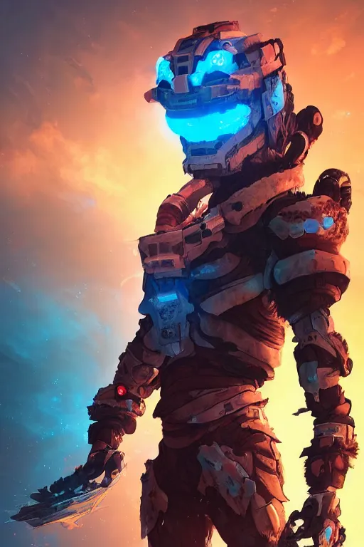 Prompt: strange creature in dead space space suit radiating a glowing aura with dark background, horizon forbidden west horizon zero dawn global illumination ray tracing hdr fanart arstation by ian pesty and alena aenami artworks in 4 k tribal robot ninja mask helmet backpack