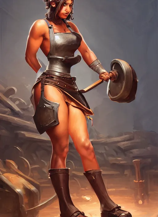 Prompt: a highly detailed illustration of naomi scott as fierce blacksmith woman wearing apron, muscular, dramatic smile pose, intricate, elegant, highly detailed, centered, digital painting, artstation, concept art, smooth, sharp focus, league of legends concept art, wlop.