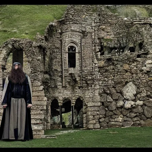 Image similar to in the harry potter universe far away at some ruins from a castle. a wizard is already there and summons a portal that would take me back home.