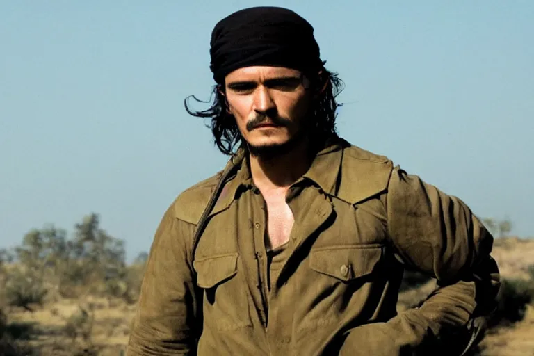 Prompt: Orlando Bloom as Che Guevara in 'Guevara' (2008), movie still frame, promotional image, imax 70 mm footage, oscar nominated cinematography, volumetric lighting, 8k resolution