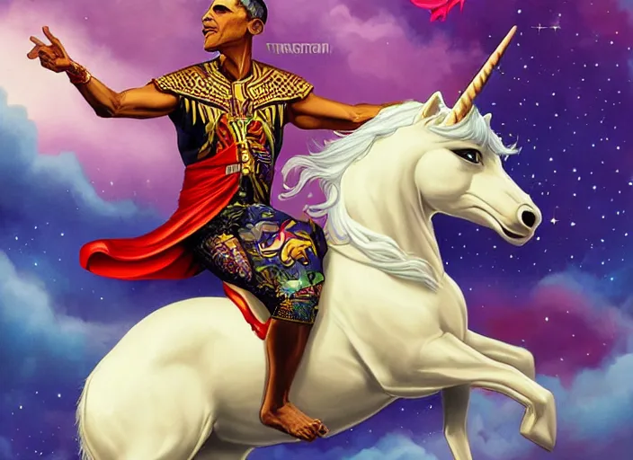 Prompt: obama riding an unicorn, by tristan eaton stanley artgerm and tom bagshaw.