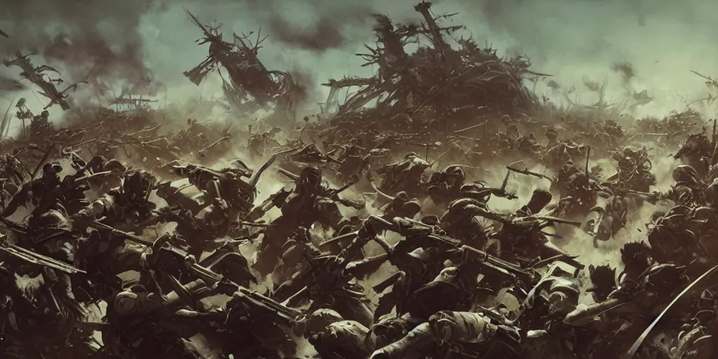 Prompt: hyper realistic sanemi shinazugawa murders his way through an entire army on the destroyed battlefield, greg rutkowski, brom, james gurney, mignola, craig mullins, alan lee