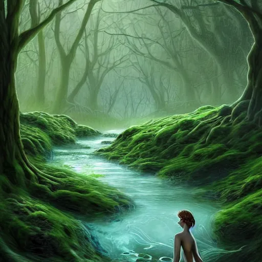 Image similar to beautiful digital fantasy illustration of A woody green field with a stream running through it, with a group of dryad women standing in the water. They seem to be preparing to submerge themselves in the cool, clear waters of the stream. a creepy creature standing in front of a mirror!, concept art by Alex Horley-Orlandelli!!, cgsociety contest winner!!!, gothic art,!!!!, cgsociety, official art, fantasy art, #vfxfriday, highly detailed, soft lighting, rendered in octane, masterpiece, very very very aesthetic