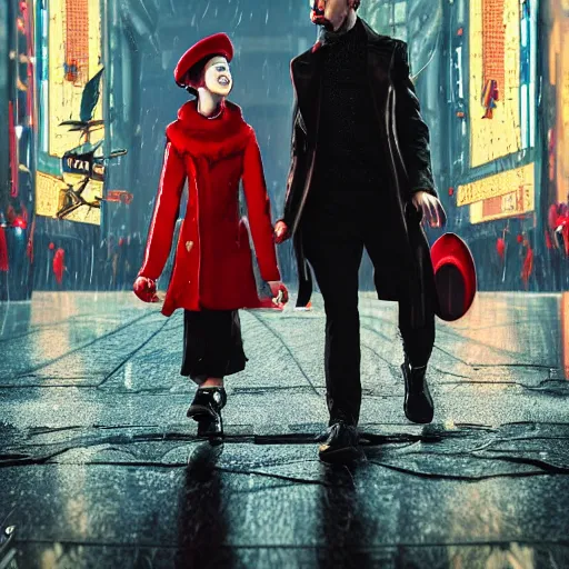 Prompt: a highly detailed epic cinematic concept art, cyberpunk, a thin man in a black coat and bowler hat talks with small young girl who is dressed in a red coat and a red hat, park, autumn, high detail, width 768