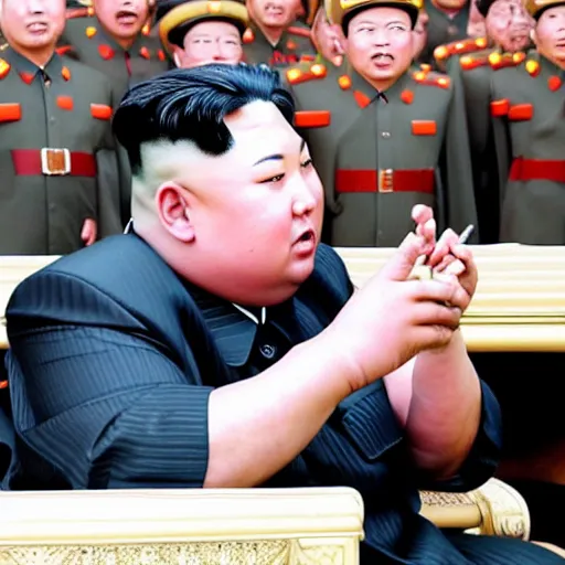 Prompt: kim jong un smoking weed joint in the middle of a war, realistic