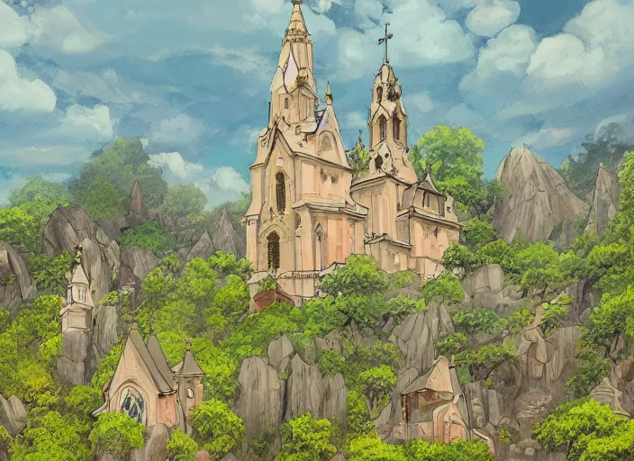 Prompt: view of a catholic church on a forested mountain, in the style of studio ghibli, distant, detailed, artstation, award winning painting,