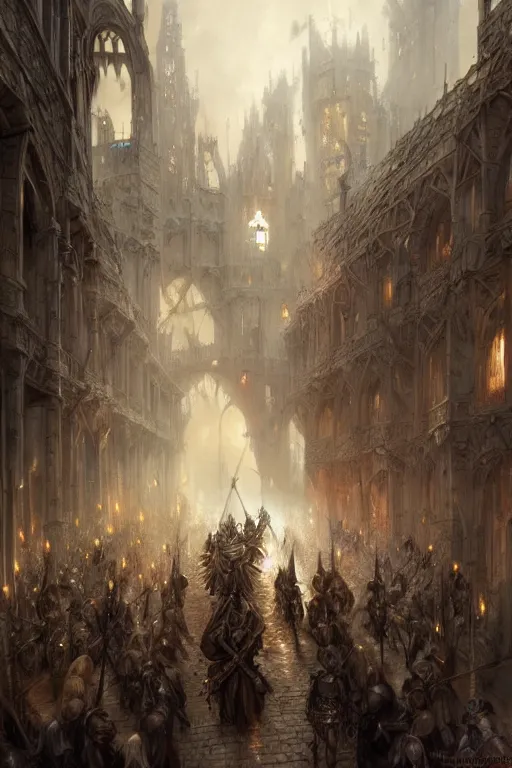 Image similar to medieval parade of knights, holiday, by wlop, by luis royo, by peter mohrbacher, concept art, digital illustration, intricate, masterpiece, elegant, super detailed, unreal engine rendering, smooth, sharp focus, artstation hq