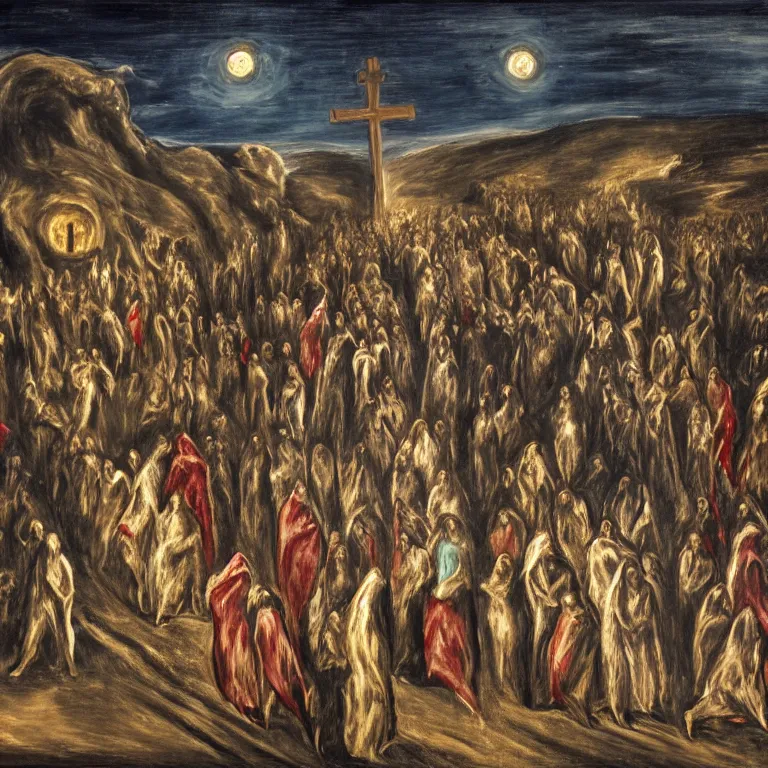 Prompt: A Holy Week procession of souls in a Spanish landscape at night. A figure at the front holds a cross, trending on artstation, 50mm, by El Greco, Remedios Varo y Salvador Dali.