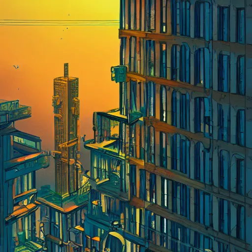 Prompt: A beautiful photo of the sunset behind a tall building , artstation, Long distance shooting , by Victo Ngai