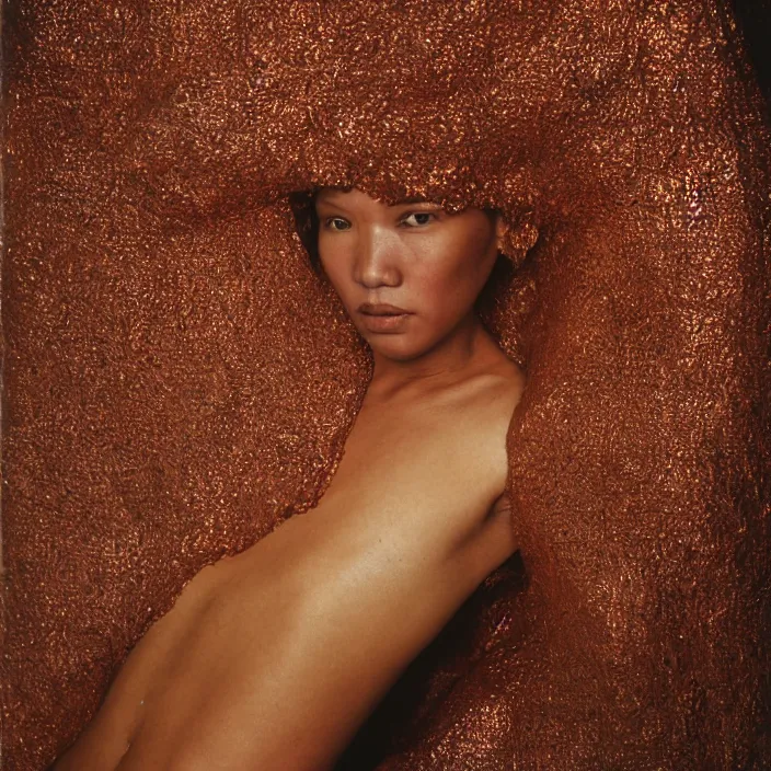 Image similar to closeup portrait of a woman wrapped in copper fiber, standing in el nido in philippines, color photograph, by vincent desiderio, canon eos c 3 0 0, ƒ 1. 8, 3 5 mm, 8 k, medium - format print