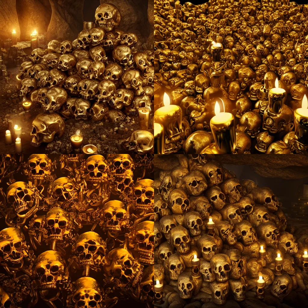 Prompt: a pile of intricate golden baroque animal skulls in a dark cave surrounded by candles, cinematic lighting, detailed, digital art, trending on artstation, octane render, 4k, gothic horror