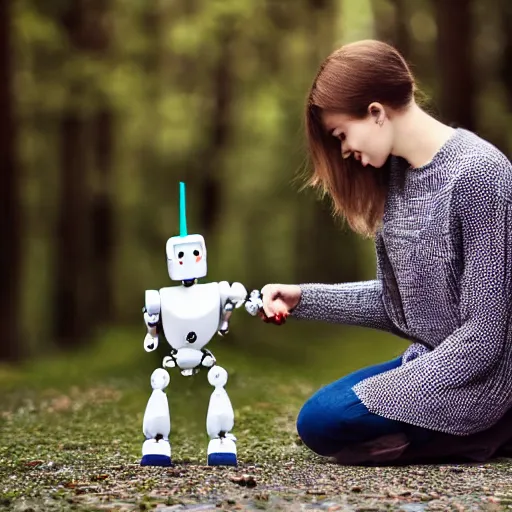 Image similar to robot with a human pet , award winning photograph , realistic , 4k , HD , focus