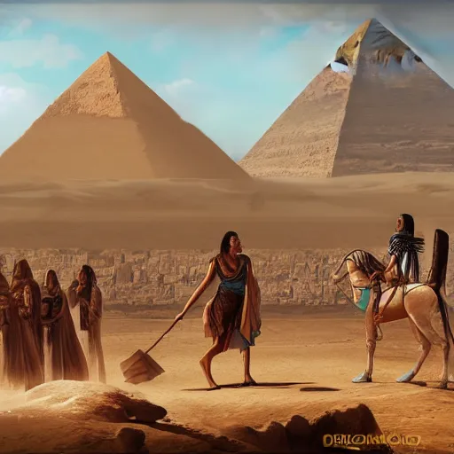 Prompt: Matte painting of Exodus from Egypt. Large crowds of people in Biblical outfits walking in the desert. Pyramids behind. Large pillar of cloud leading the way, detailed digital art trending in artstation