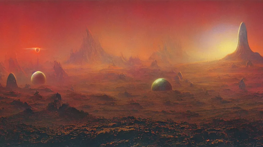 Image similar to otherworldly atmosphere of an evolving alien planet by arthur haas and bruce pennington and paul lehr, cinematic matte painting