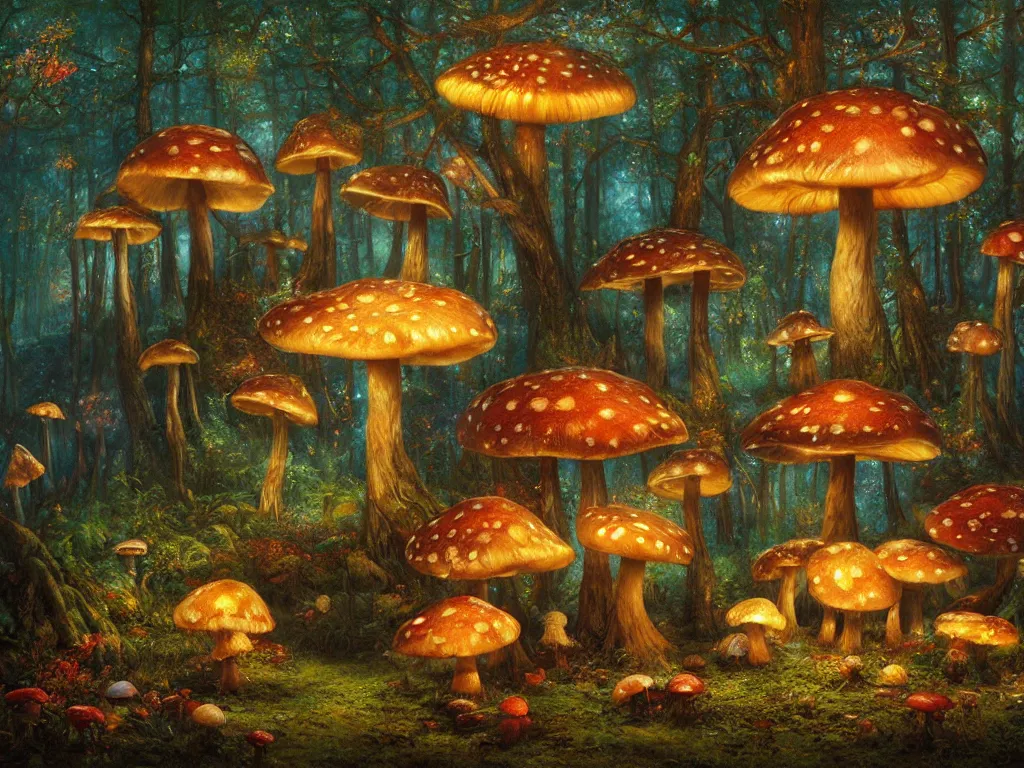 Prompt: fantastic mushrooms in the magic forest, photorealistic, by esao andrews, thomas kinkade, high light, glow, high detailed, 4 k resolution