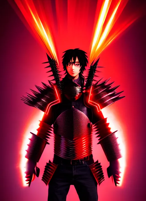 Image similar to a striking cinematic full body manga portrait of a long black haired male teenager wearing imposing red jagged spiked plate armour and glowing with raging powerful red energy by hirohiko araki and beeple, fine details, digital art, character concept art, volumetric lighting, cinematic light, photorealistic