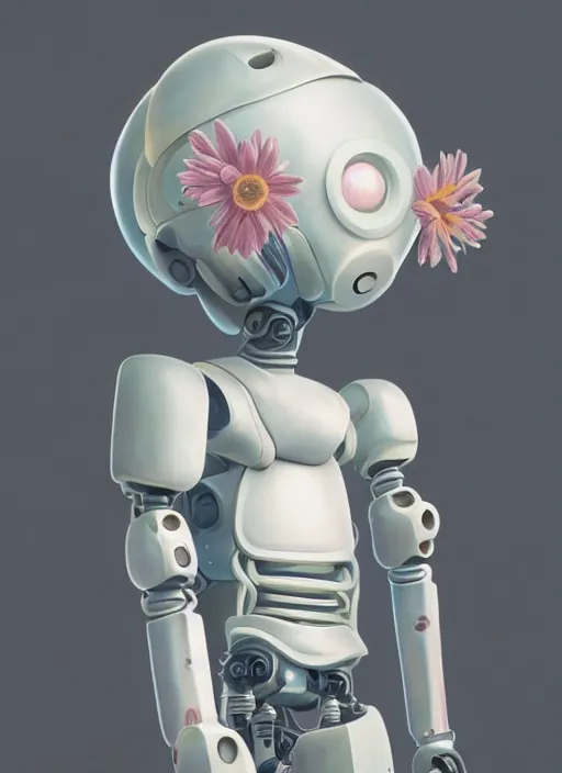 Image similar to detailed full body concept art illustration pastel painting of a robot holding a flower, ultra detailed, digital art, octane render, dystopian, micro detail, 4k